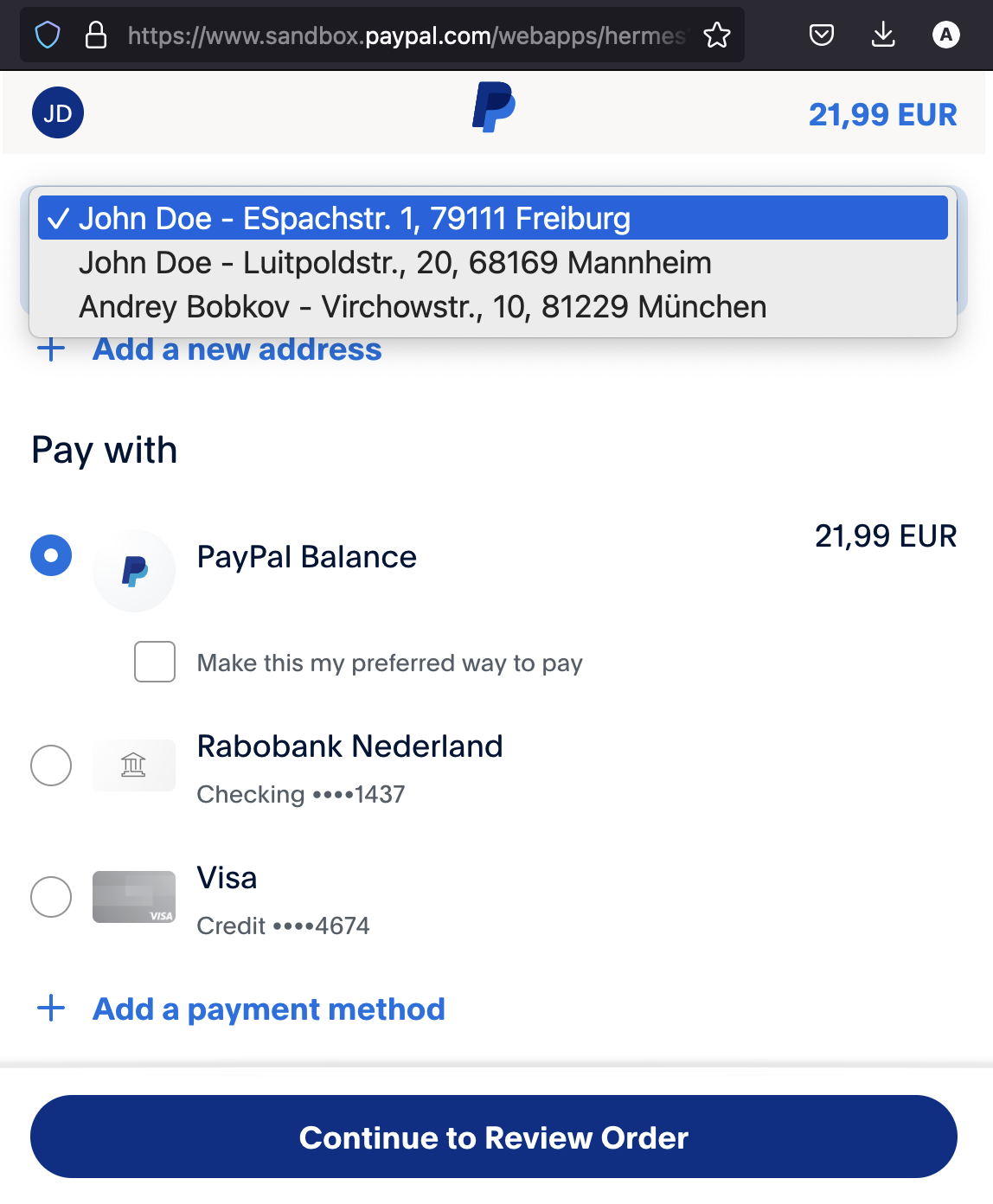 PayPal Express Checkout form with address list