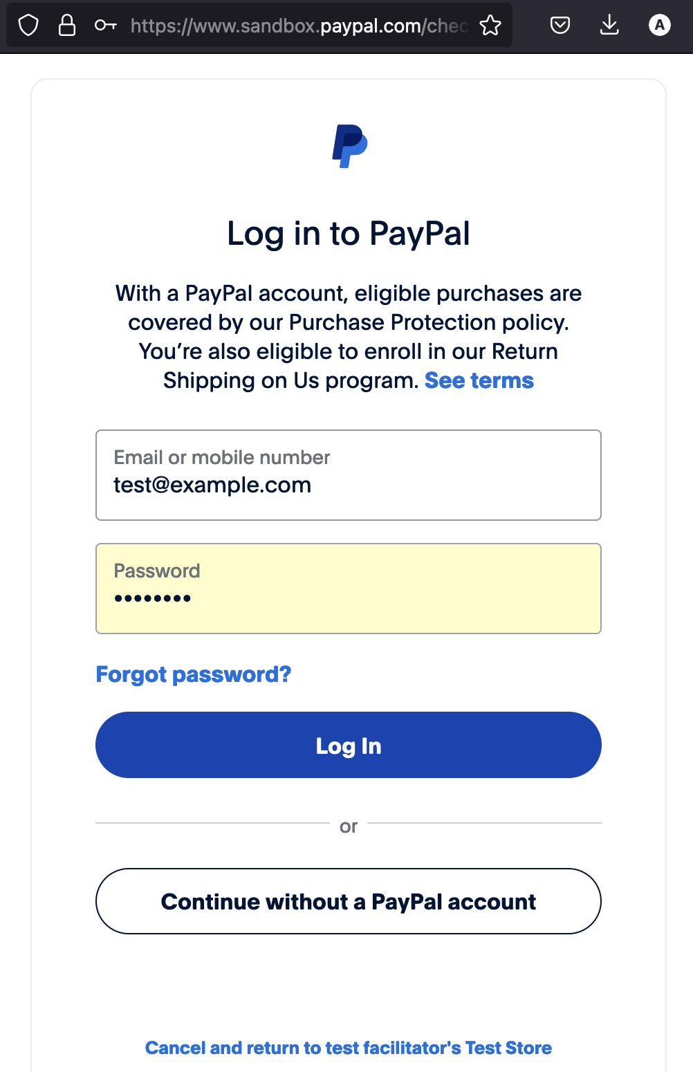 PayPal sandbox login